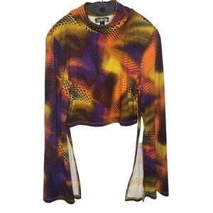 FEATHERS Cropped Top Psychedelic Tie Dye Mock Neck Slit Long Sleeve Womens L